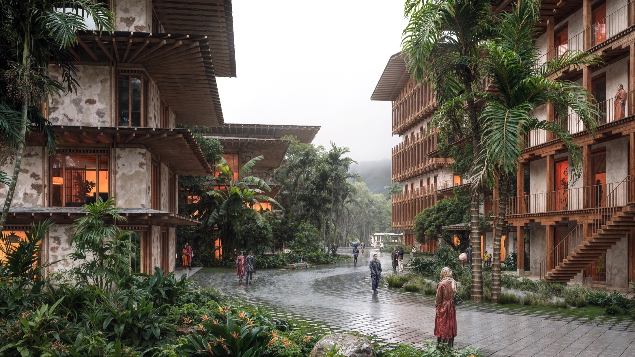 Planted terraces cascading down a Gelephu building facade